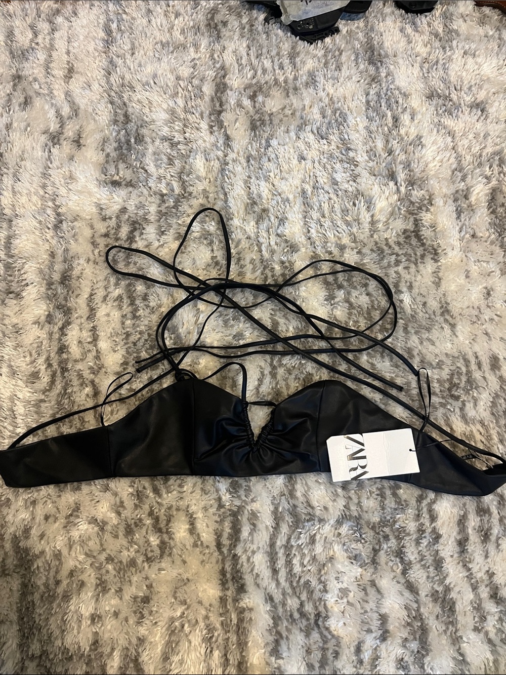 ZARA Black Lace-Up Satin Bandeau Bralette